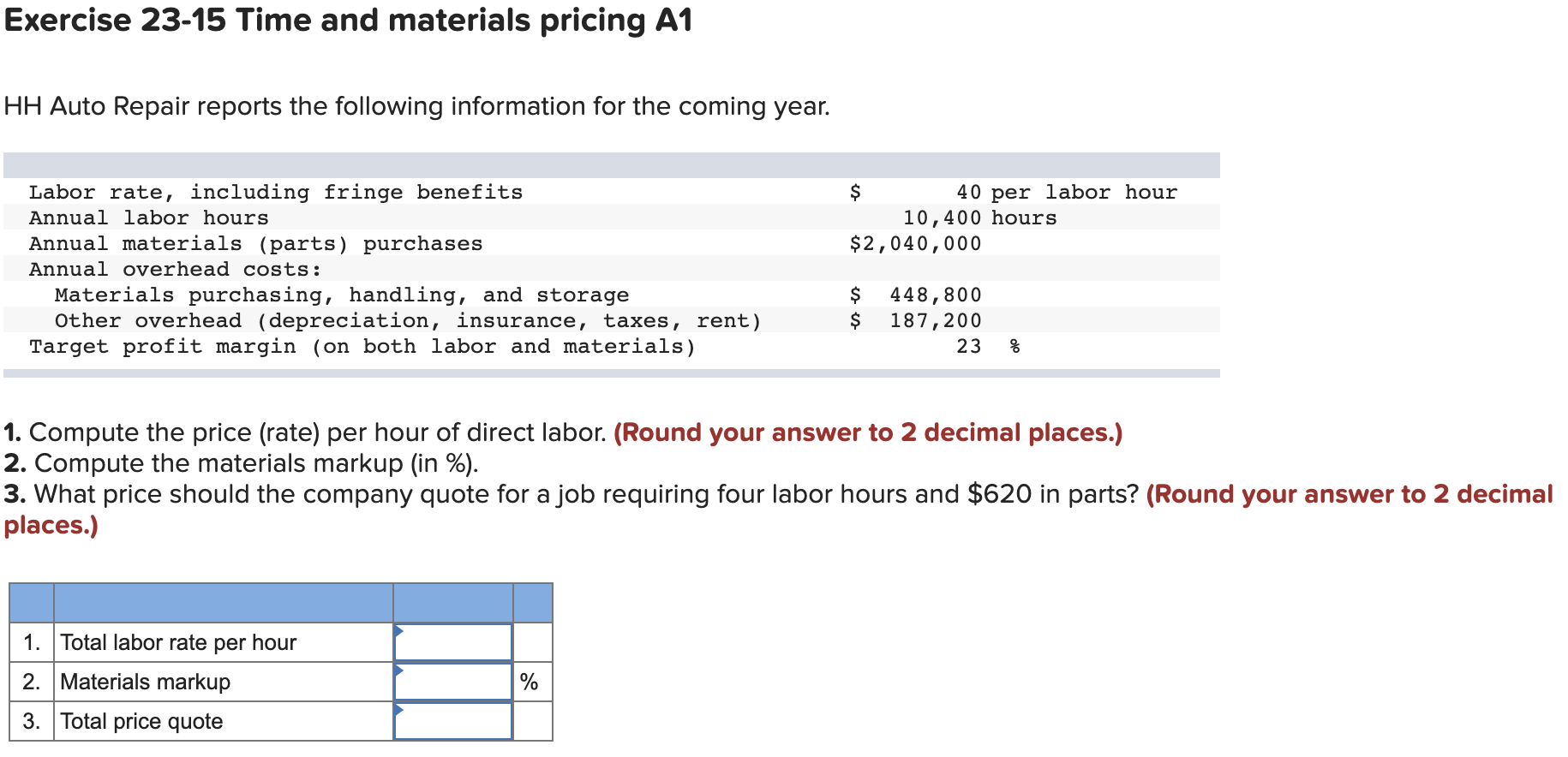 Solved Exercise 2315 Time and materials pricing A1 HH Auto