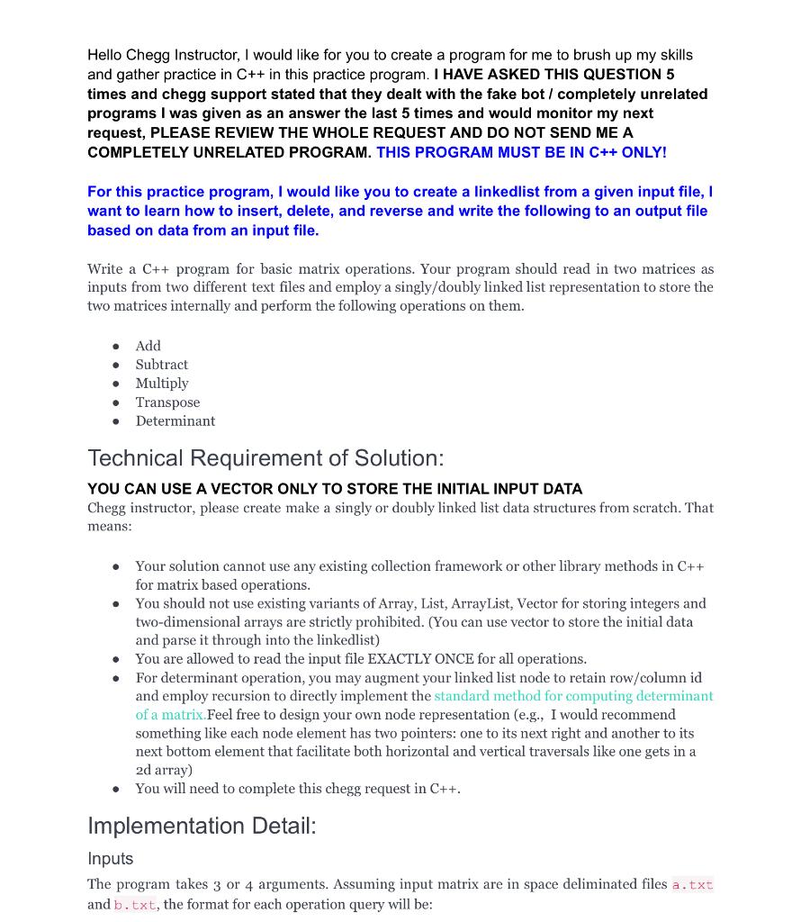 Write a C++ program for basic matrix operations. Your | Chegg.com