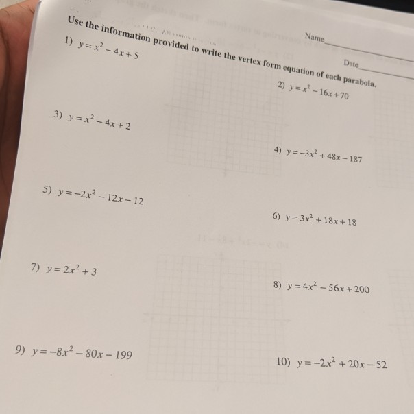 Solved Use The Information Provided To Write The Vertex Form Chegg Com