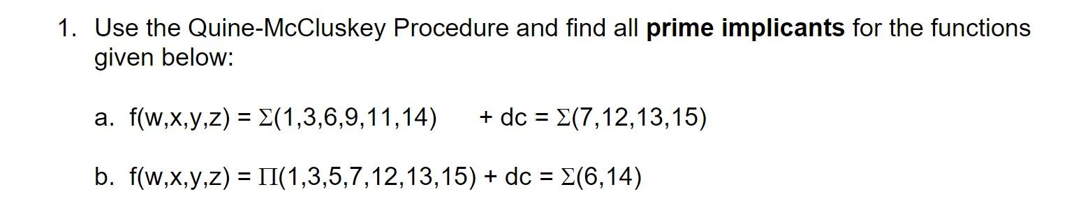 Solved 1. Use The Quine-McCluskey Procedure And Find All | Chegg.com