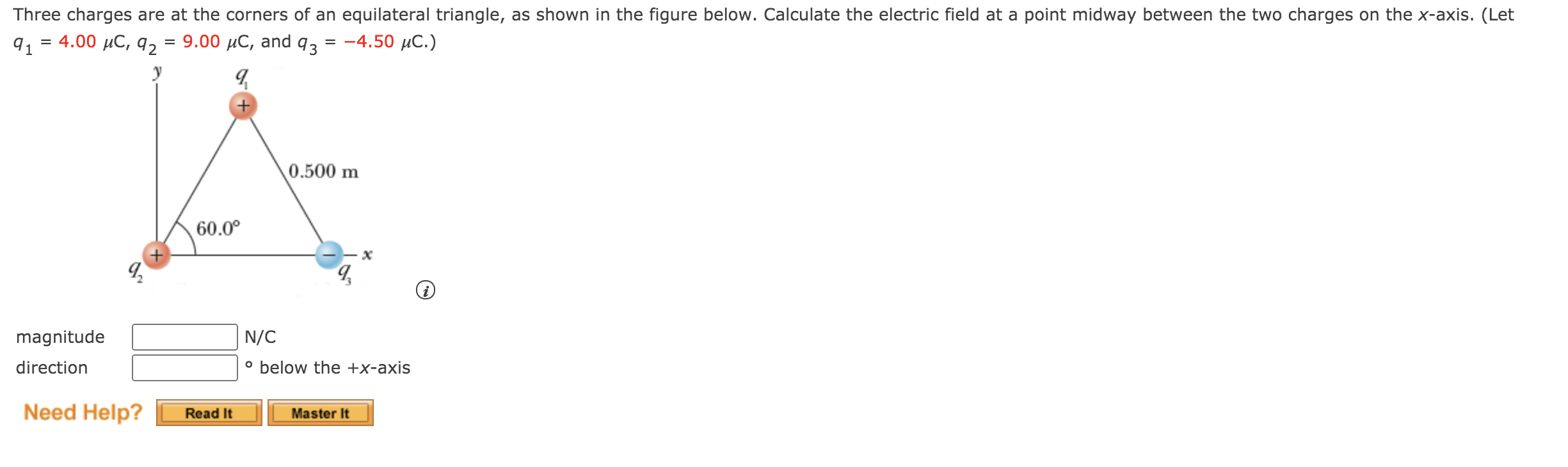 Solved Three charges are at the corners of an equilateral | Chegg.com