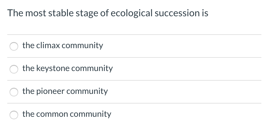 Solved The most stable stage of ecological succession is o | Chegg.com