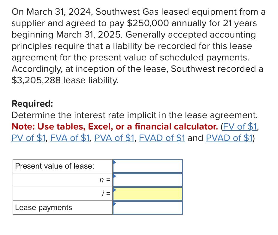 Solved On March 31, 2025, Southwest Gas leased equipment