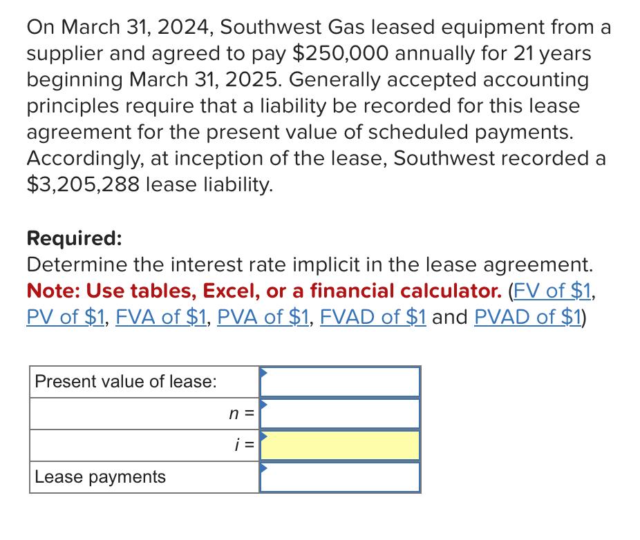 Solved On March 31, 2024, Southwest Gas leased equipment