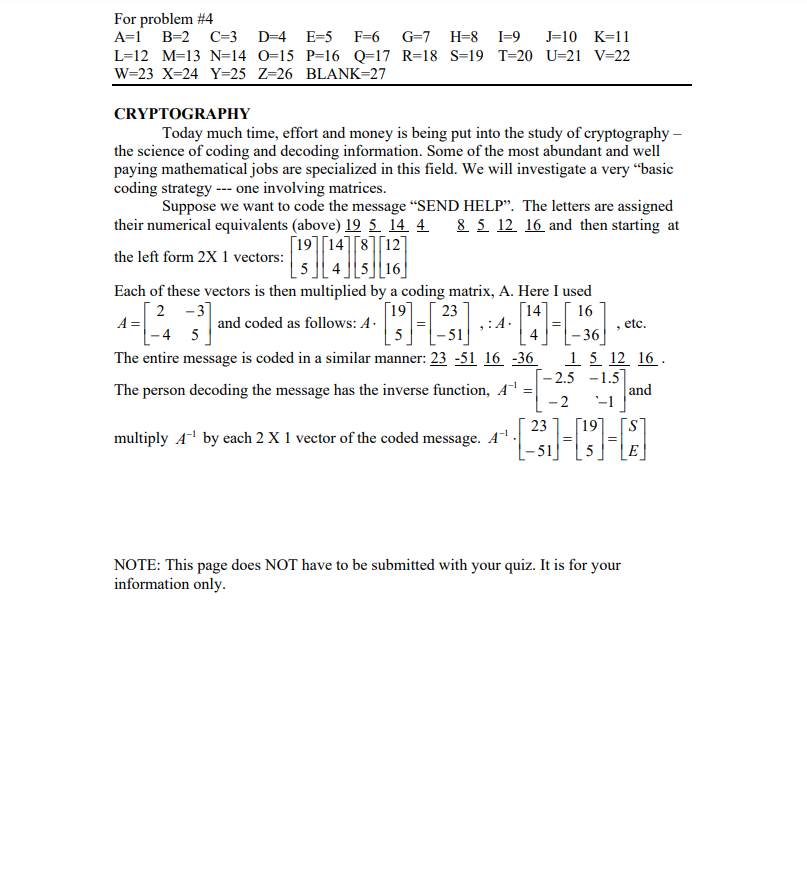 For problem 4 A=1 B2 C=3 D4 E=5 F6 G=7 H=8 I=9