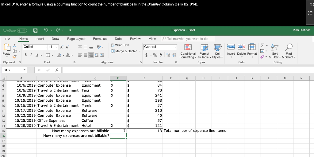 Solved In Cell D16 Enter A Formula Using A Counting 0858