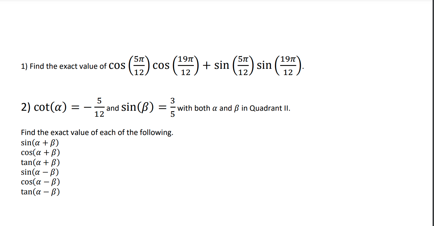 Solved 517 1977 1) Find the exact value of COS (g)。 COS | Chegg.com