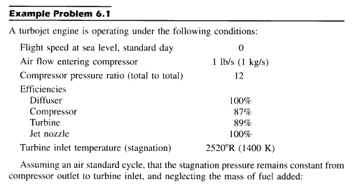 Solved Example Problem 6.1 A turbojet engine is operating | Chegg.com