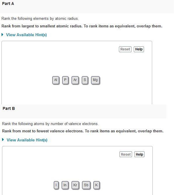 Solved Part A Rank The Following Elements By Atomic Radius. | Chegg.com