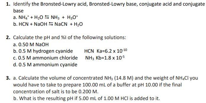 Solved 1. Identify the Bronsted-Lowry acid, Bronsted-Lowry | Chegg.com