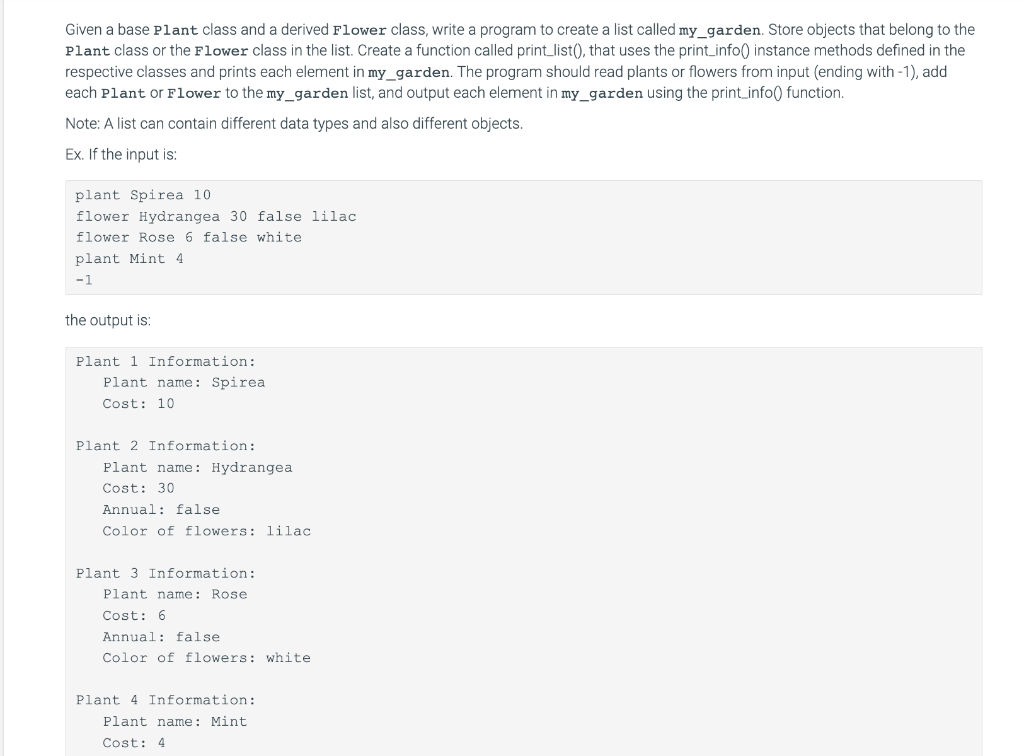 Solved In python and please make sure output contains Plant | Chegg.com