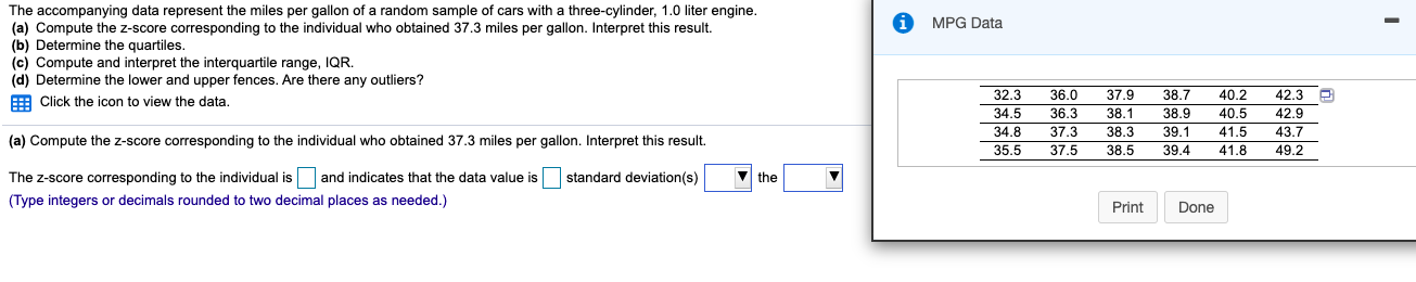 Solved MPG Data The accompanying data represent the miles | Chegg.com