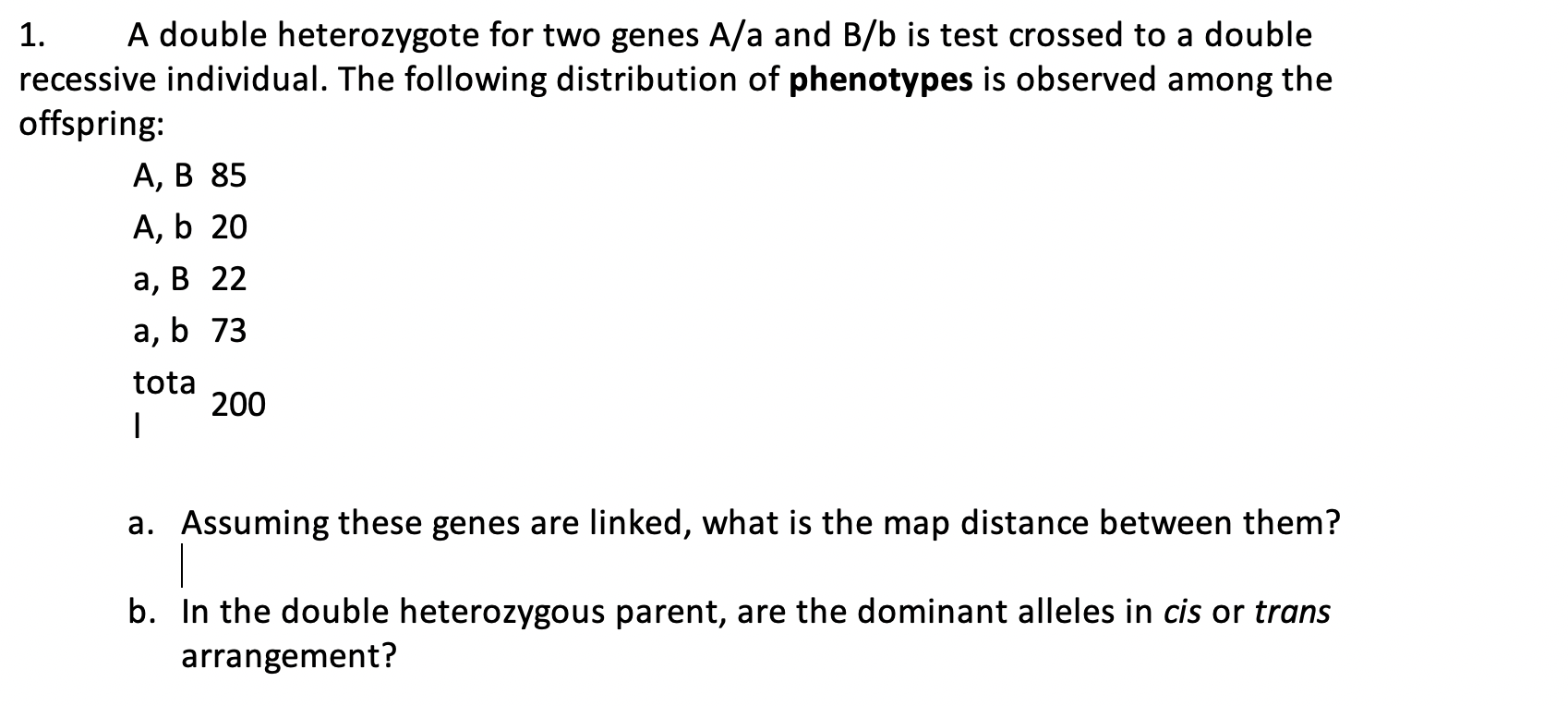 Solved 1. A double heterozygote for two genes A/a and B/b is | Chegg.com