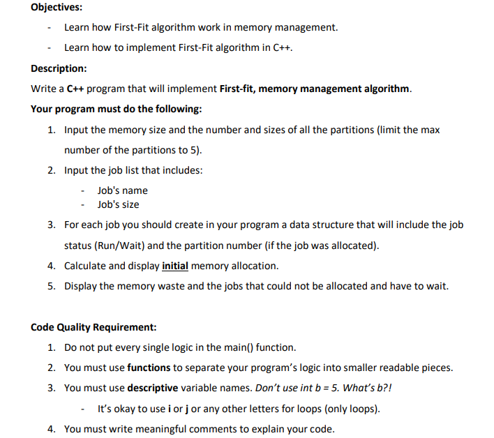 Solved Objectives: Learn how First-Fit algorithm work in | Chegg.com