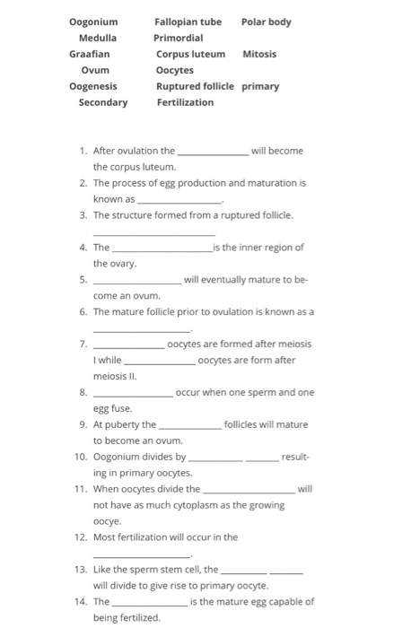 Solved Oogonium Fallopian tube Polar body Primordial Corpus | Chegg.com