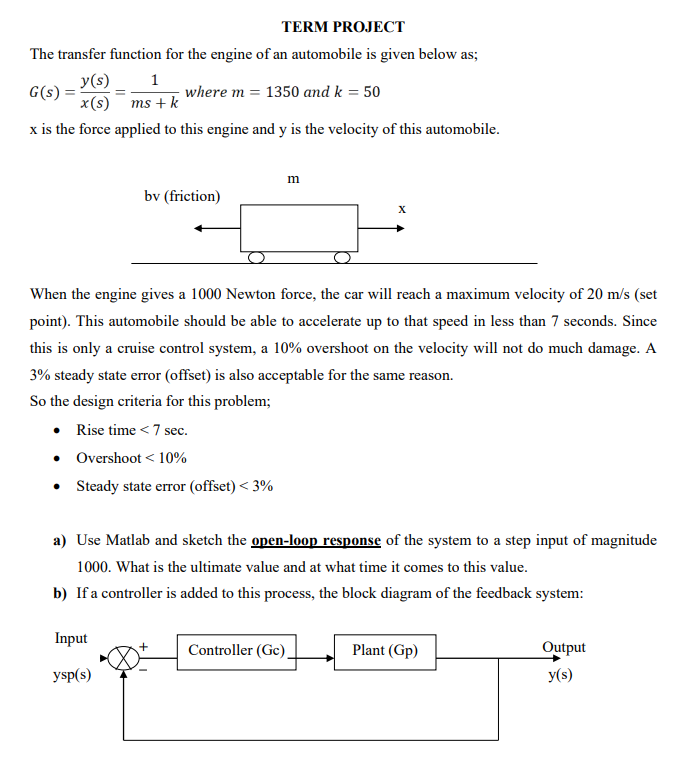Term Project The Transfer Function For The Engine Chegg Com