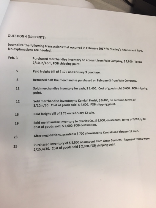 Solved QUESTION 4 (30 POINTS) Journalize the following | Chegg.com