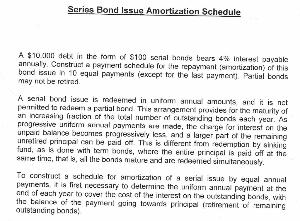 Series Bond Issue Amortization Schedule A $10,000 | Chegg.com