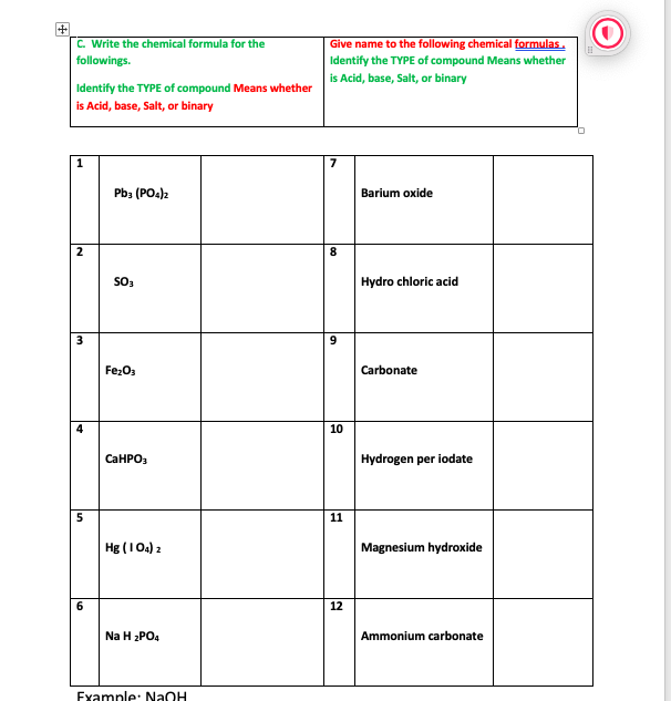 Solved \begin{tabular}{|l|l|} \hline C. Write the chemical | Chegg.com