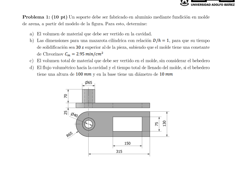 Problema 1: (10 pt) Un soporte debe ser fabricado en aluminio mediante fundición en molde de arena, a partir del modelo de la