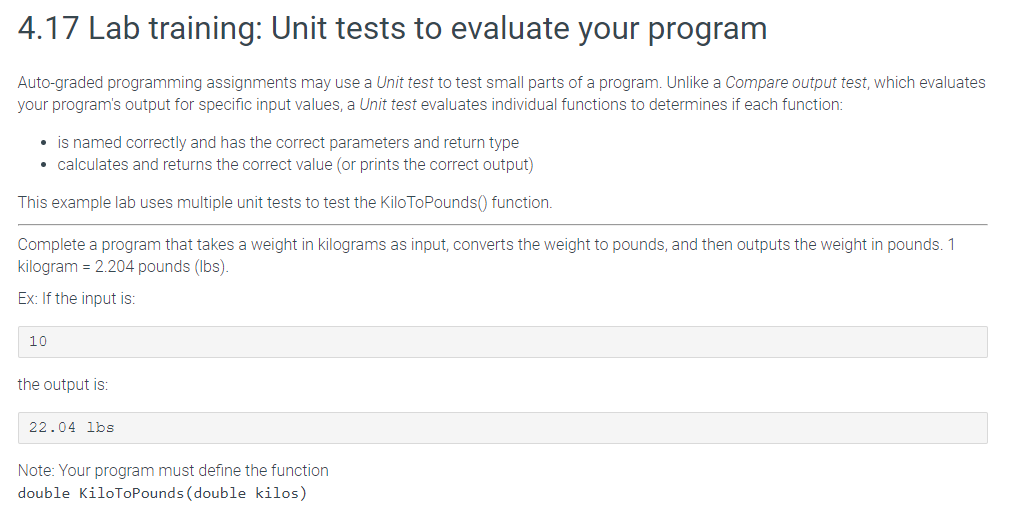 4.17 Lab training: Unit tests to evaluate your programAuto-graded ...