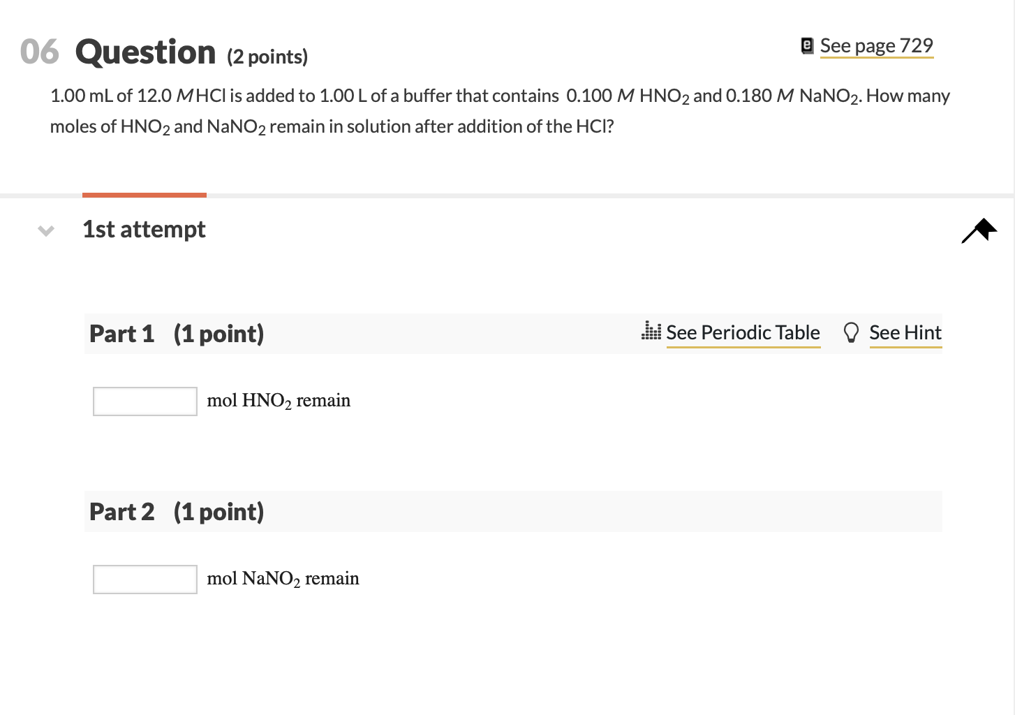 Solved 06 Question (2 points) @ See page 729 1.00 mL of 12.0 | Chegg.com