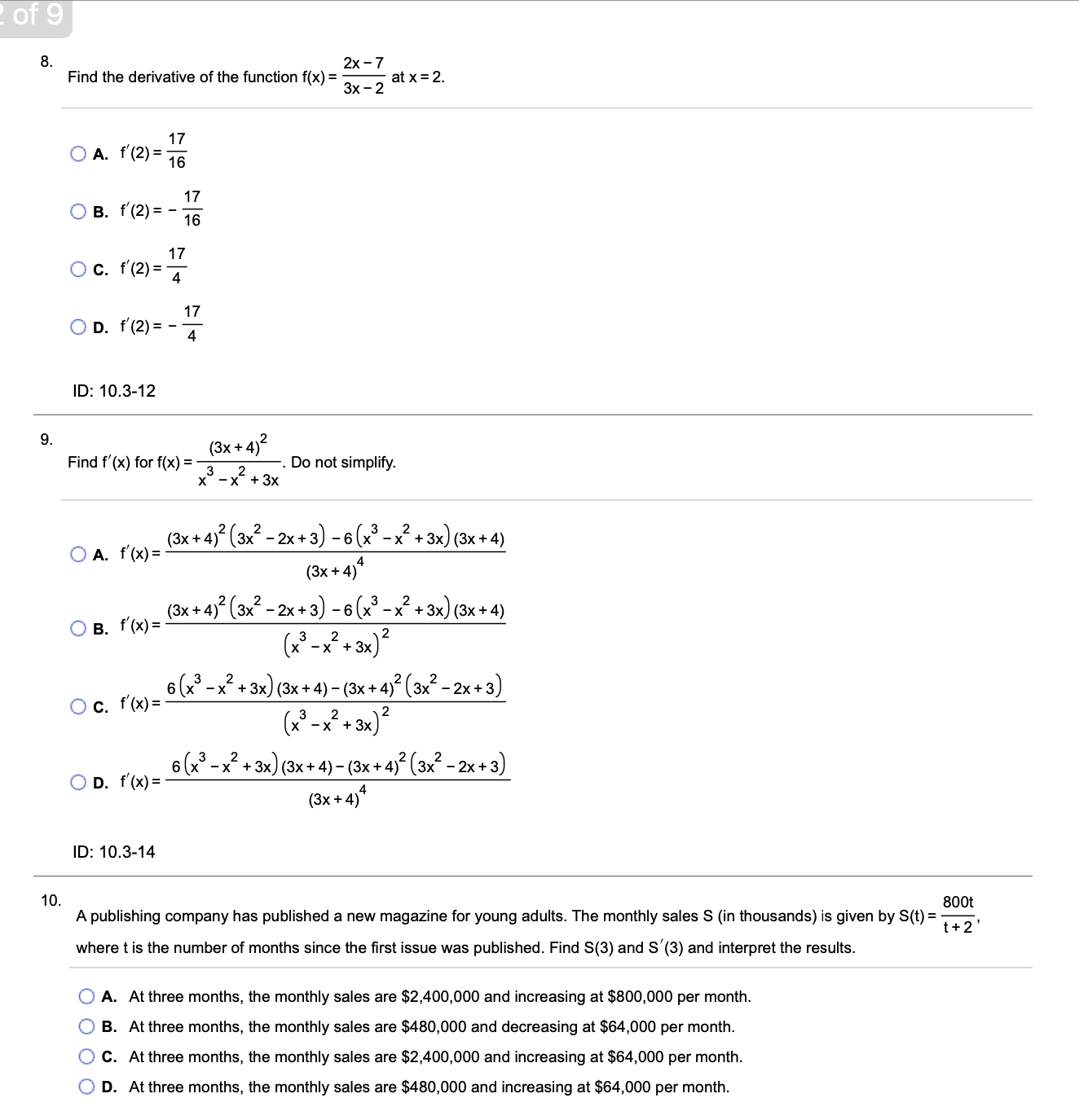 Solved 8. Find the derivative of the function f(x)=3x−22x−7 | Chegg.com