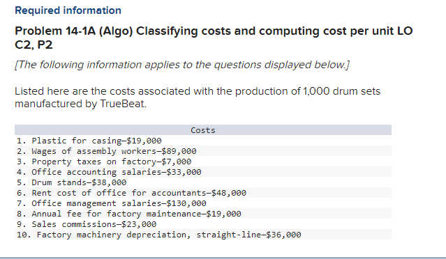 Solved Required InformationProblem 14-1A (Algo) ﻿Classifying | Chegg.com