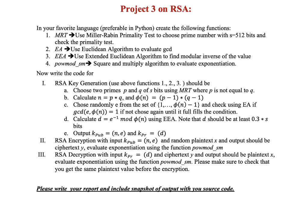 Solved Project 3 on RSA: In your favorite language | Chegg.com