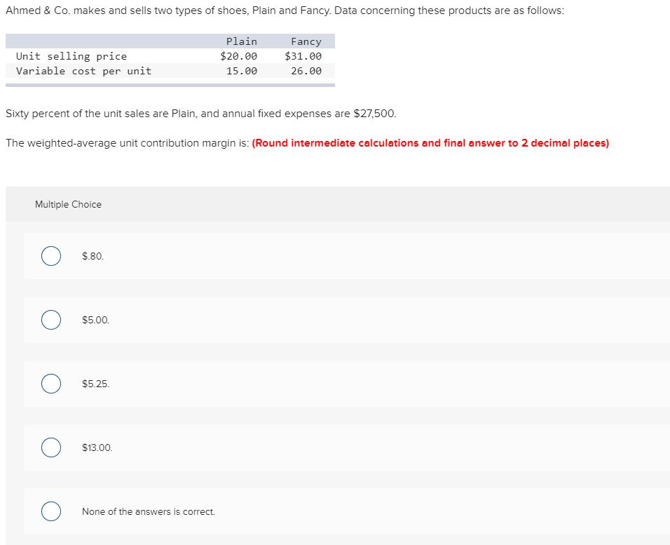 Solved Ahmed & Co. makes and sells two types of shoes, Plain | Chegg.com