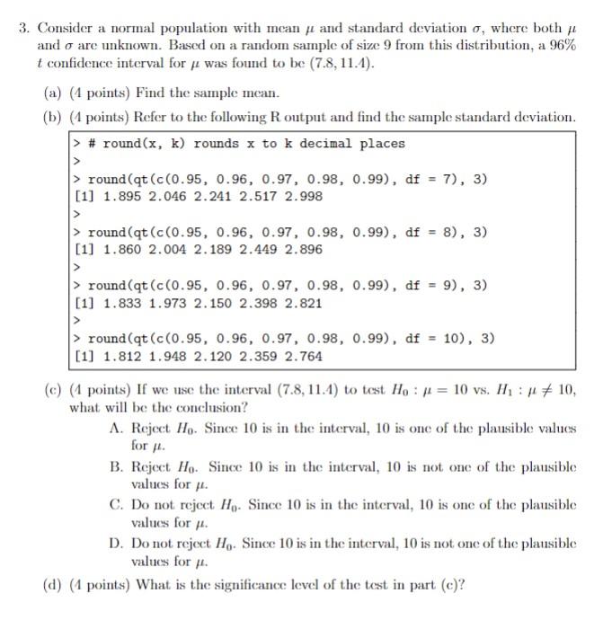 Solved 3. Consider a normal population with mean μ and | Chegg.com