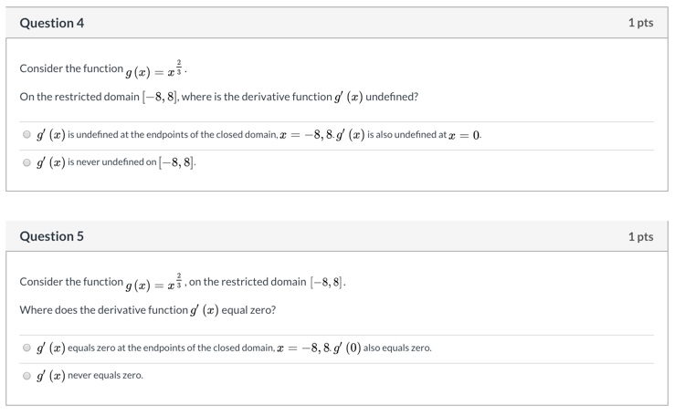 Solved Question 4 1 pts Consider the function g(x) = 5 On | Chegg.com