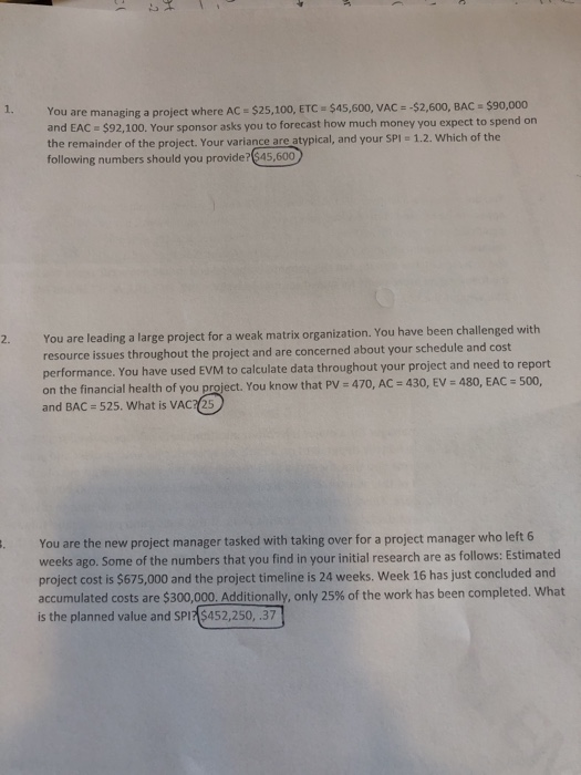 Solved 1. You are managing a project where AC $25,100, ETC | Chegg.com