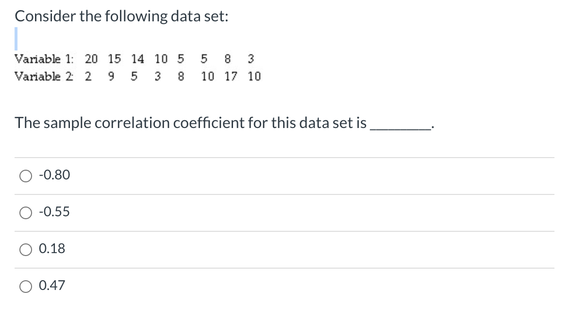 Solved Consider the following data set: Variable 1: 20 15 14 | Chegg.com