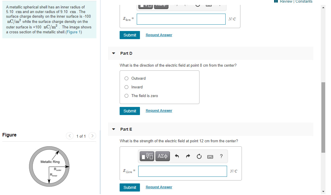 Solved Review Constants Part A A Metallic Spherical Shell | Chegg.com