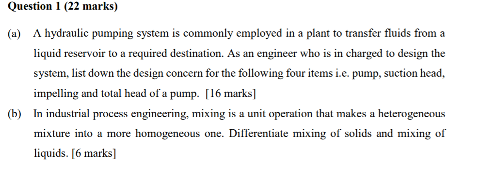 Solved Question 1 (22 marks) (a) A hydraulic pumping system | Chegg.com