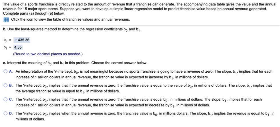 Solved The value of a sports franchise is directly related | Chegg.com