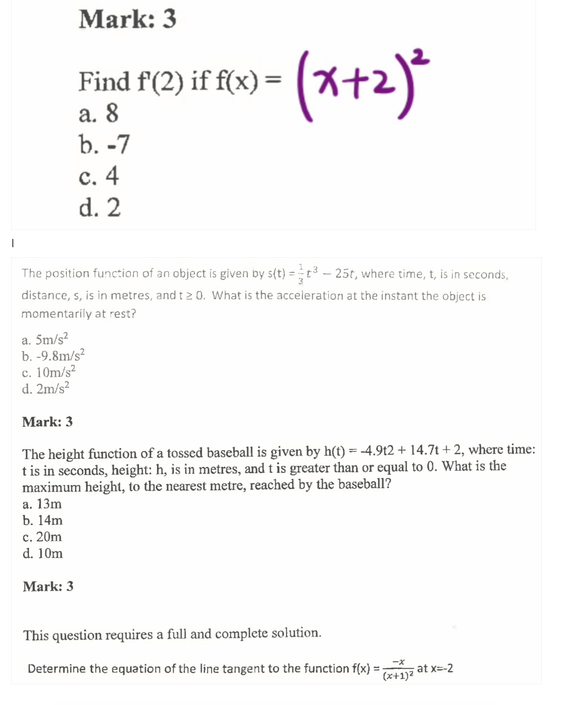Solved Find f′(2) if f(x)=(x+2)2 a. 8 b. -7 c. 4 d. 2 The | Chegg.com