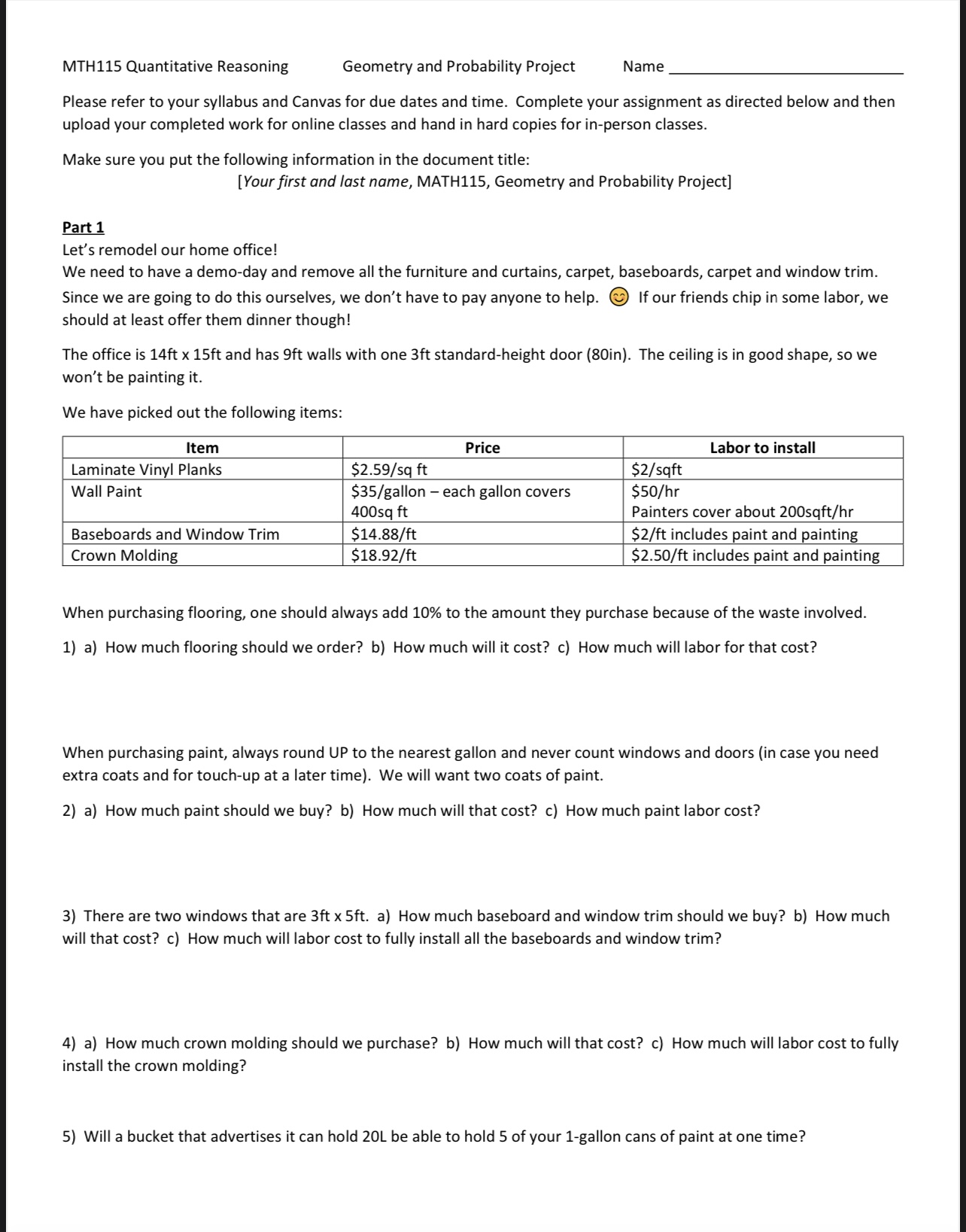 Solved MTH115 Quantitative Reasoning Geometry and | Chegg.com