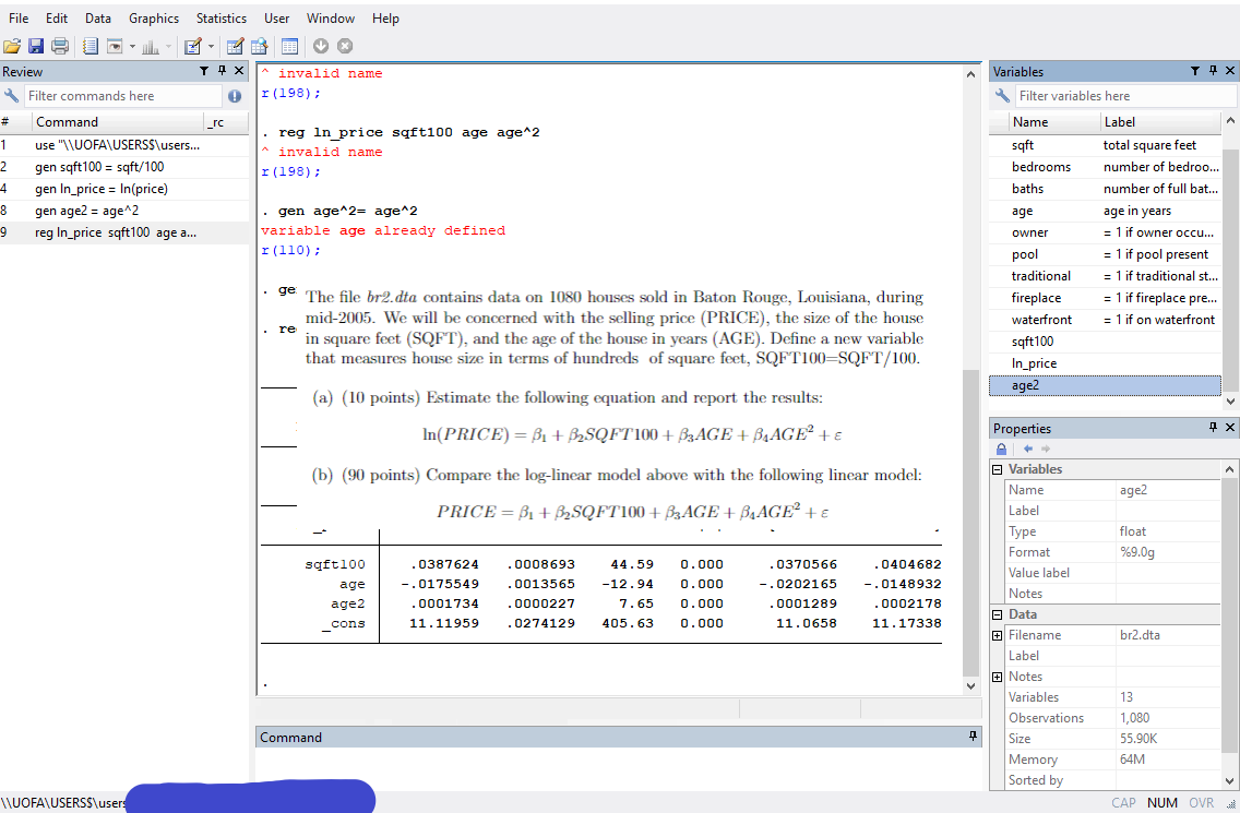 The file br2.dta contains data on 1080 houses sold in | Chegg.com
