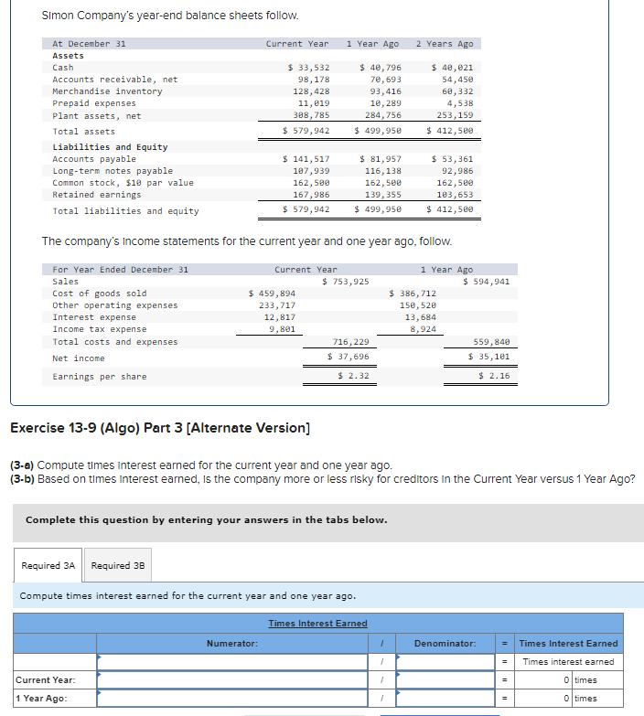 Solved SImon Company's year-end balance sheets follow. The | Chegg.com