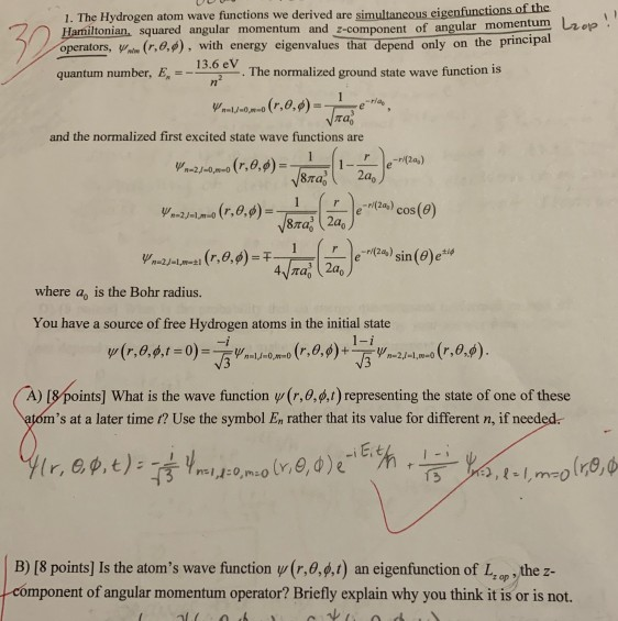 Solved 1. The Hydrogen atom wave functions we derived are | Chegg.com