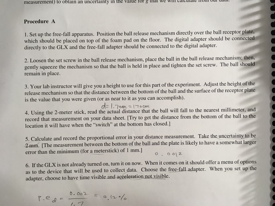 Free Fall Launching Procedure.pdf Solved Procedure A. ' Initial distance of fall -m±0.002 m | Chegg.com
