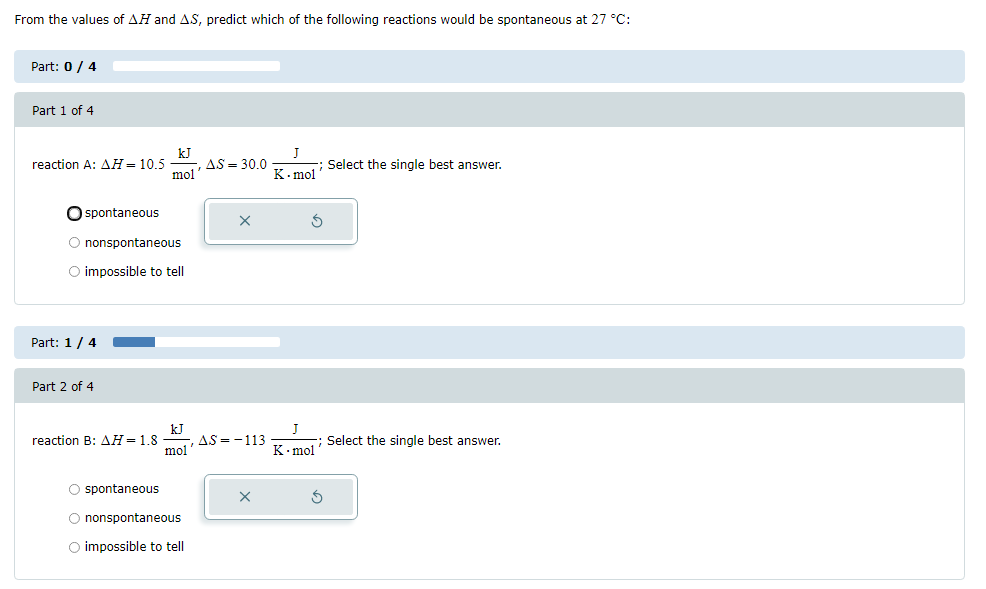 Solved From the values of ΔH and ΔS, predict which of the | Chegg.com