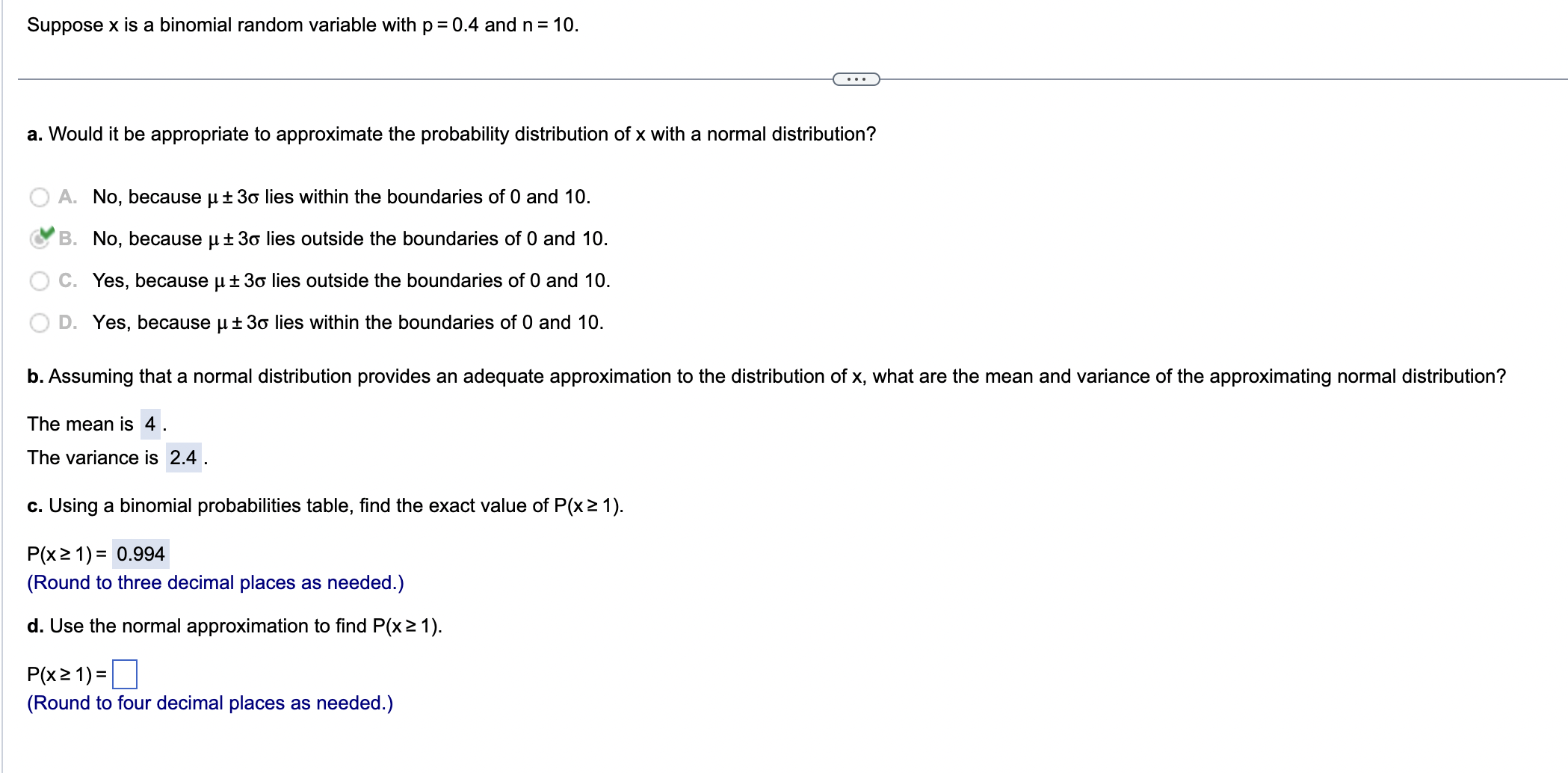 Solved Suppose x is a binomial random variable with p=0.4 | Chegg.com