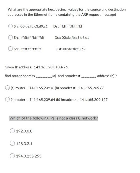 What are the appropriate hexadecimal values for the source and destination addresses in the Ethernet frame containing the ARP