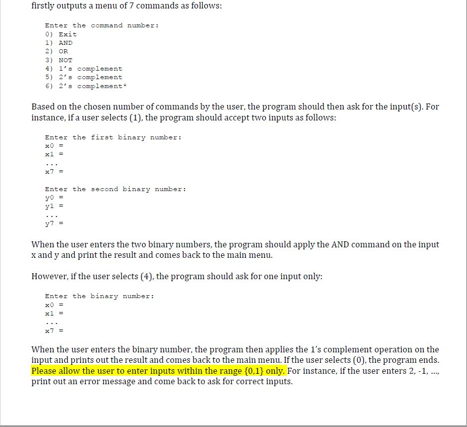 Solved firstly outputs a menu of 7 commands as follows: | Chegg.com