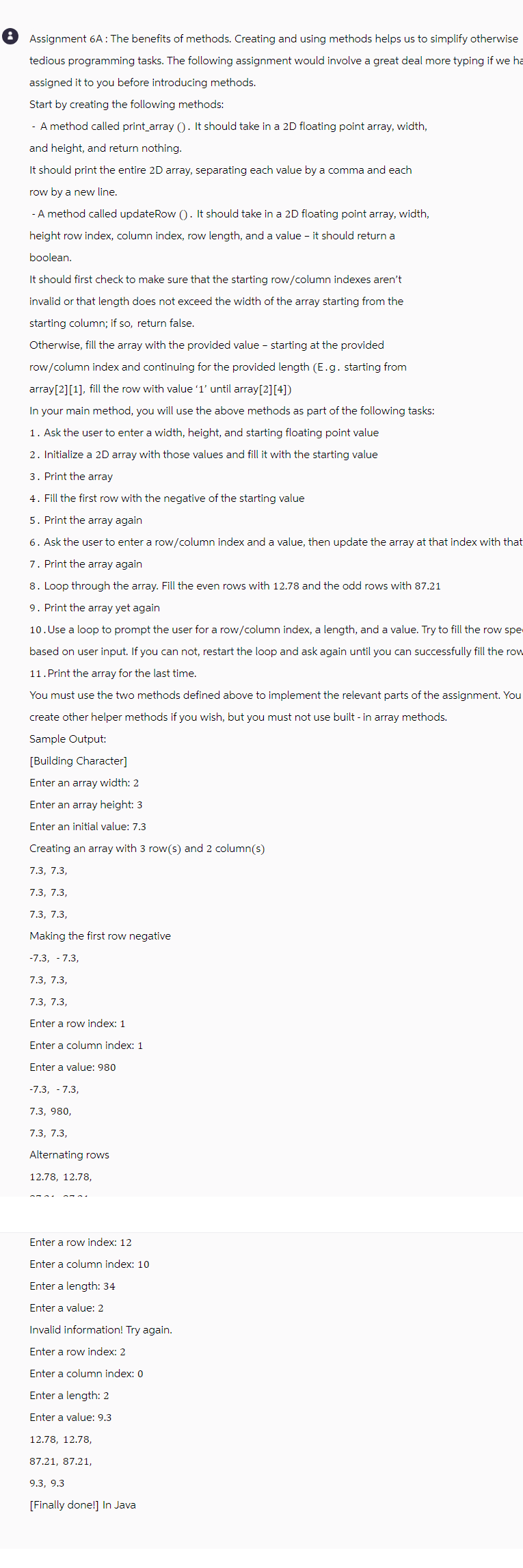 Solved ( Assignment 6A : The benefits of methods. Creating | Chegg.com