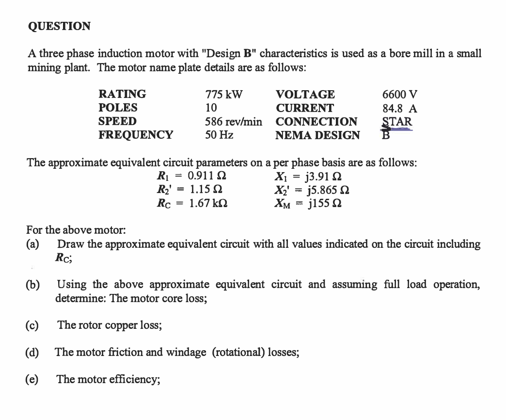 Solved QUESTION A Three Phase Induction Motor With "Design | Chegg.com