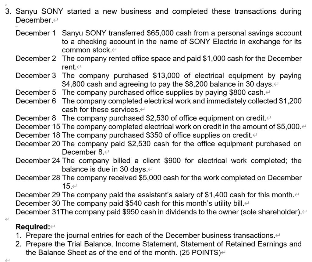 Solved 3. Sanyu SONY started a new business and completed | Chegg.com